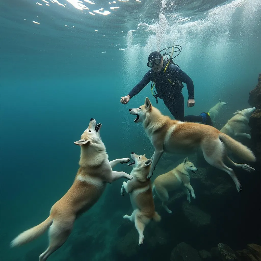 Buzo con lobos marinos